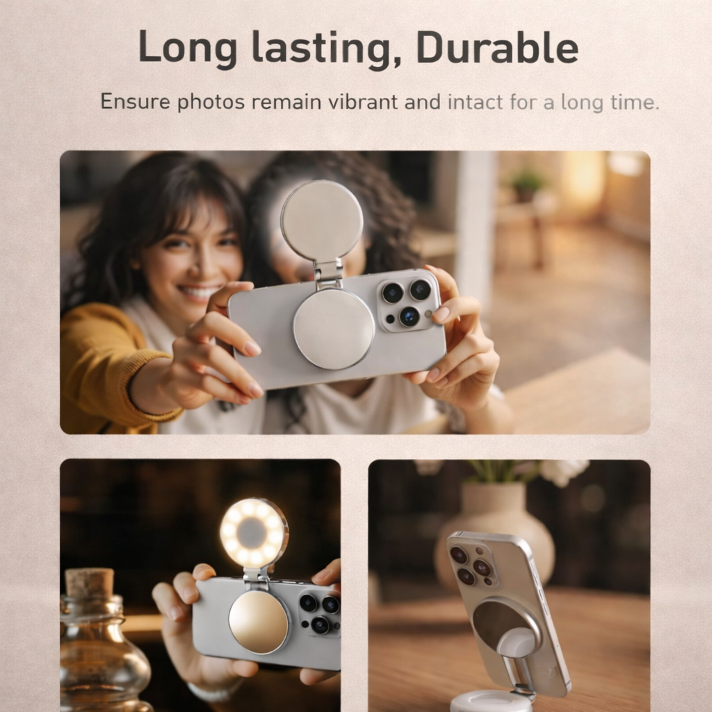 Magnetic Pocket Selfie Light with Built-In Mirror
